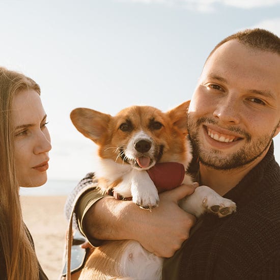 find sober living for | husband wife walking on the beach with their Corgi sober happy
